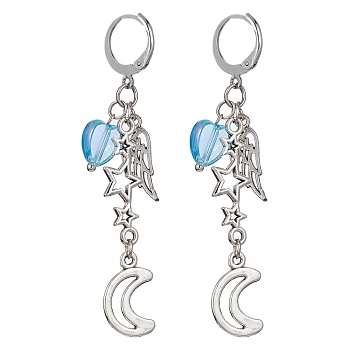 Alloy Dangle Leverback Earrings for Women, Moon & Star & Wing Tassel Earrings, Antique Silver, 62x12mm