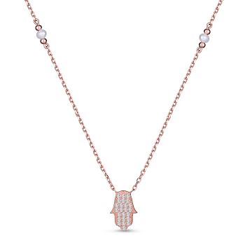 TINYSAND Hamsa Hand/Hand of Fatima/Hand of Miriam 925 Sterling Silver Cubic Zirconia Pendant Necklaces, with Pearl Beads, Rose Gold, 17.44 inch