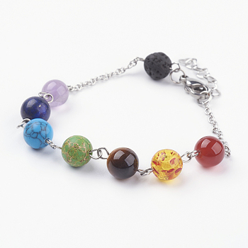 Chakra Jewelry, 304 Stainless Steel Bracelets, with Gemstone and Lobster Claw Clasps, 7-3/8 inch(188mm)