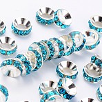 Brass Rhinestone Spacer Beads, Cadmium Free & Lead Free, Grade A, Rondelle, Silver Color Plated, Aquamarine, 9x4mm(X-RB-A020-9mm-03S)