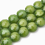 Opaque Solid Color Glass Beads Strands, Faceted, Flat Round, Yellow Green, 14x8mm, Hole: 1~1.2mm, about 25pcs/strand, 13.77 inch(35cm)(GLAA-N032-05J)