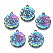 Rainbow Color 304 Stainless Steel Pendants Rhinestone Settings, Cadmium Free & Nickel Free & Lead Free, Flat Round with Eye, Fit For 0.8mm Rhinestone, 21x18x2mm, Hole: 1.6mm(STAS-S119-096)