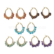 Natural Gemstone Hoop Earrings, Golden Tone 304 Stainless Steel Earring for Women, 37~39x40~43x6~8mm, Pin: 0.9~1.3x0.7mm(EJEW-JE05173)