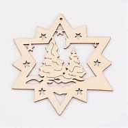 Undyed Wooden Pendants, Star, for Christmas Theme, Antique White, 99.5x92x3mm, Hole: 2mm(WOOD-K005-05)