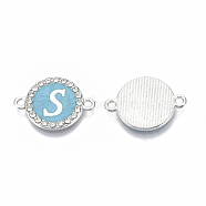Alloy Enamel Links Connectors, with Crystal Rhinestones, Flat Round with Letter, Silver Color Plated, Letter.S, 22x16x2mm, Hole: 1.8mm(ENAM-TAC0003-01S-06S)