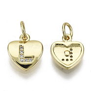Brass Micro Pave Clear Cubic Zirconia Charms, with Jump Ring, Heart with Letter, Real 16K Gold Plated, Nickel Free, Letter.L, 10x9x2mm, Jump Ring: 5x1mm, 3mm inner diameter(KK-N227-34L-NF)