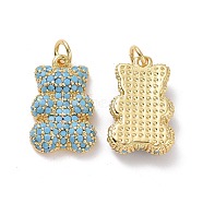 Brass Micro Pave Cubic Zirconia Pendants, with Jump Ring, Bear Charms, Golden, Deep Sky Blue, 19x12x4mm, Hole: 3mm(ZIRC-F134-23G-03)