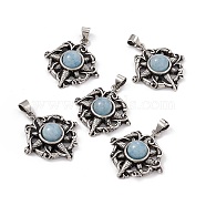 Natural Aquamarine Pendants, Flat Round Charms with Flower, with Antique Silver Color Brass Findings, 26x23.5x7.5mm, Hole: 4x4mm(KK-A173-07AS-01)
