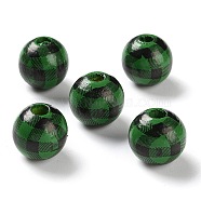 Printed Wood European Beads, Round with Tartan Pattern, Dark Green, 13.5x13mm, Hole: 4mm(WOOD-Z002-09C)