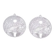 201 Stainless Steel Filigree Pendants, Etched Metal Embellishments, Flat Round with Landscape Pattern, Stainless Steel Color, 32x30x0.3mm, Hole: 1.5mm(X-STAS-S118-025P)