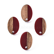 Opaque Resin & Walnut Wood Stud Earring Findings, with 304 Stainless Steel Pin, Oval, Dark Red, 15x10mm, Hole: 1.8mm, Pin: 0.7mm(MAK-N032-004A-B02)