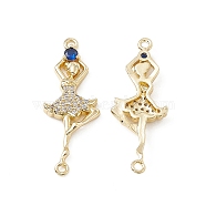 Brass Micro Pave Clear Cubic Zirconia Connetor Charms, with Blue Glass, Dancer Links, Real 18K Gold Plated, 33x12.5x3mm, Hole: 1.6mm(KK-E068-VB037)