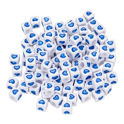 Opaque White Acrylic European Beads, Large Hole Beads, Cube with Heart Pattern, Deep Sky Blue, 7x7x7mm, Hole: 4mm, 100Pcs/Bag(OPDL-FS0001-02D)