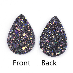 PU Leather Pendants, with Sequins, teardrop, Black, 39x25x2mm, Hole: 1.5mm(FIND-T020-026A)