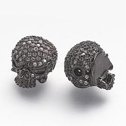 Brass Micro Pave Cubic Zirconia Beads, Skull, Gunmetal, 10x11x13.5mm, Hole: 2mm(ZIRC-F041-18B)