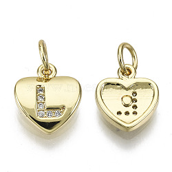 Brass Micro Pave Clear Cubic Zirconia Charms, with Jump Ring, Heart with Letter, Real 16K Gold Plated, Nickel Free, Letter.L, 10x9x2mm, Jump Ring: 5x1mm, 3mm inner diameter(KK-N227-34L-NF)