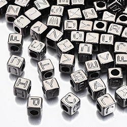 CCB Plastic Beads, Horizontal Hole, Cube with Letter, Gunmetal, 7x7x7mm, Hole: 3.5mm(X-CCB-N004-001A-B)