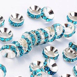 Brass Rhinestone Spacer Beads, Grade A, Rondelle, Silver Color Plated, Aquamarine, 9x4mm(X-RB-A020-9mm-03S)