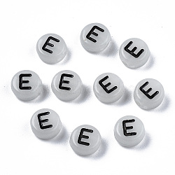 Acrylic Beads, with Enamel and Luminous, Horizontal Hole, Flat Round with Black Letter, Glow in the Dark, Light Grey, Letter.E, 7x3.5mm, Hole: 1.5mm, about 360~370pcs/50g(X-SACR-S273-29E)