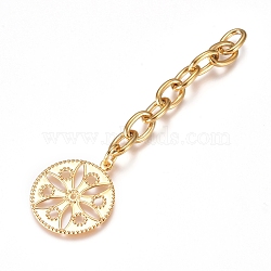 304 Stainless Steel Chain Extender, Cable Chain, with Pendants, Flat Round with Flower, Golden, 73mm, Link: 9x6x1.4mm(STAS-G221-05G)