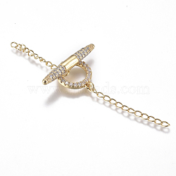 Brass Micro Pave Clear Cubic Zirconia Chain Extender, with Toggle Clasps, Long-Lasting Plated, Ring, Golden, 75mm, Ring: 14mm wide, 15.5mm long, 2mm thick, Bar: 28mm wide, 7mm long, 2mm thick, Ring: 7x28x4mm(ZIRC-G168-04G)
