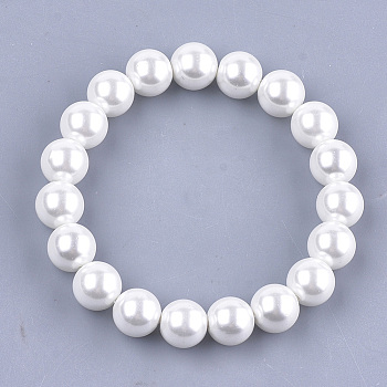 Shell Pearl Beaded Stretch Bracelets, Round, Creamy White, 2~2-1/8 inch(5~5.5cm), 10mm