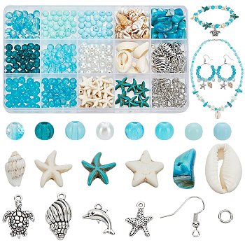 DIY Ocean Theme Natural Cowrie Shell & Synthetic Turquoise Beads Jewelry Making Findings Kits, Mixed Shapes, Mixed Color, 6~25.5x6~16x1~7mm, Hole: 1~4mm