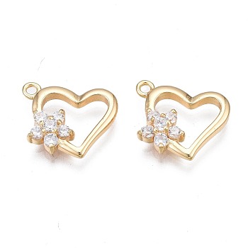 Brass Micro Pave Clear Cubic Zirconia Charms, Nickel Free, Heart with Flower, Real 18K Gold Plated, 11x13x3mm, Hole: 1.2mm