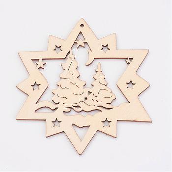 Undyed Wooden Pendants, Star, for Christmas Theme, Antique White, 99.5x92x3mm, Hole: 2mm