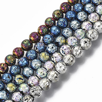 Electroplated Natural Lava Rock Beads Strands, Round, Bumpy, Mixed Color, 6.5mm, Hole: 1mm, about 60pcs/Strand, 14.96 inch(38cm)