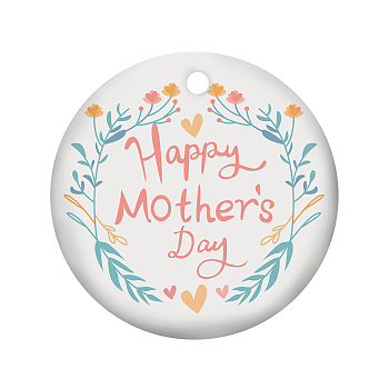 Handmade Porcelain Pendants, Flat Round Word Happy Mother's Day, Light Sky Blue, 75x2mm