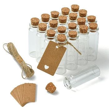 20Pcs Glass Cork Bead Containers, Wishing Bottles with 20Pcs Paper Price Tags and 1 Bundle Jute Cord, Clear, 22x62mm, Bottleneck: 15mm in diameter, Capacity: 15ml(0.5 fl. oz)