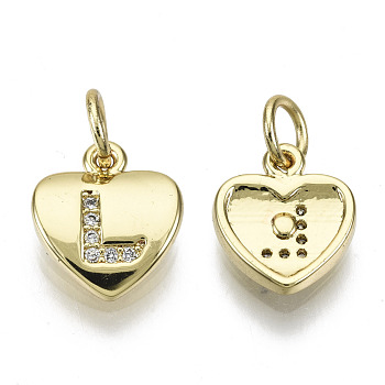 Brass Micro Pave Clear Cubic Zirconia Charms, with Jump Ring, Heart with Letter, Real 16K Gold Plated, Nickel Free, Letter.L, 10x9x2mm, Jump Ring: 5x1mm, 3mm inner diameter