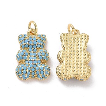 Brass Micro Pave Cubic Zirconia Pendants, with Jump Ring, Bear Charms, Golden, Deep Sky Blue, 19x12x4mm, Hole: 3mm