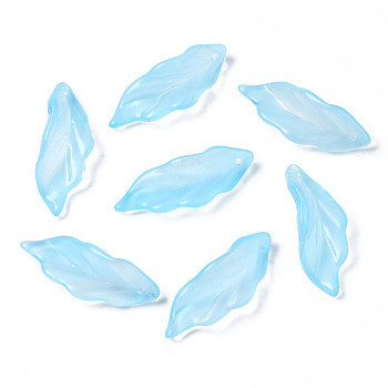 Transparent Spray Painted Glass Pendants, Leaf, Light Sky Blue, 33~34x12x7~9mm, Hole: 1.5mm