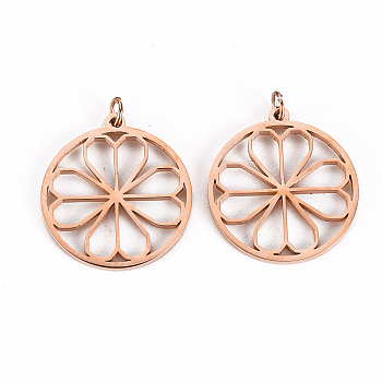 304 Stainless Steel Pendants, with Jump Rings, Laser Cut, Ring with Flower, Rose Gold, 16.5x15x1mm, Jump Ring: 2.8x0.5mm, 1.8mm inner diameter