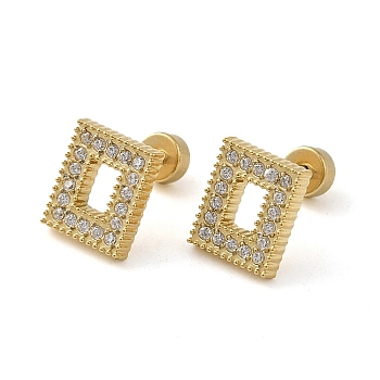 304 Stainless Steel with Rhinestone Stud Earrings, Hollow Rectangle, Real 14K Gold Plated, 9x7.5mm