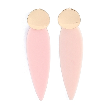 Brass Resin Teardrop Stud Earrings for Women, Real 18K Gold Plated, Pink, 82x20mm