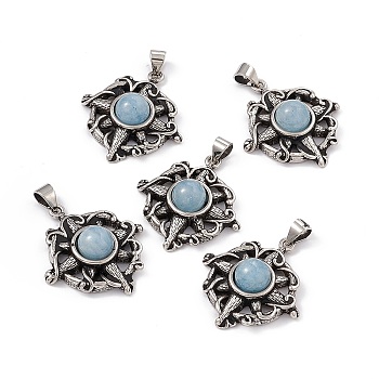 Natural Aquamarine Pendants, Flat Round Charms with Flower, with Antique Silver Color Brass Findings, 26x23.5x7.5mm, Hole: 4x4mm