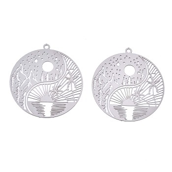 201 Stainless Steel Filigree Pendants, Etched Metal Embellishments, Flat Round with Landscape Pattern, Stainless Steel Color, 32x30x0.3mm, Hole: 1.5mm