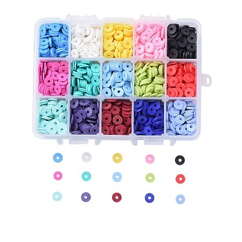 15 Colors Eco-Friendly Handmade Polymer Clay Beads, Disc/Flat Round, Heishi Beads, Mixed Color, 8x0.5~1mm, Hole: 2mm, about 190~200pcs/color, 2850~3000pcs/box