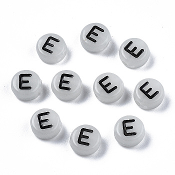 Acrylic Beads, with Enamel and Luminous, Horizontal Hole, Flat Round with Black Letter, Glow in the Dark, Light Grey, Letter.E, 7x3.5mm, Hole: 1.5mm, about 360~370pcs/50g