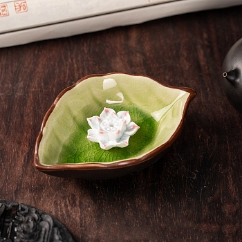 Porcelain Incense Burners,  Leaf & Lotus Incense Holders, Home Office Teahouse Zen Buddhist Supplies, Lime Green, 110x30x72mm