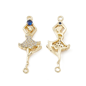 Brass Micro Pave Clear Cubic Zirconia Connetor Charms, with Blue Glass, Dancer Links, Real 18K Gold Plated, 33x12.5x3mm, Hole: 1.6mm