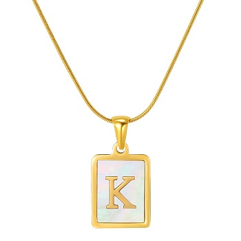 Stainless Steel Snake Bone Chain Alphabet Necklace with Shell Pendant, Letter K, Golden