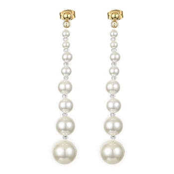 Shell Pearl Long Tassel Dangle Stud Earrings, 304 Stainless Steel Jewelry, White, 62.5x10mm