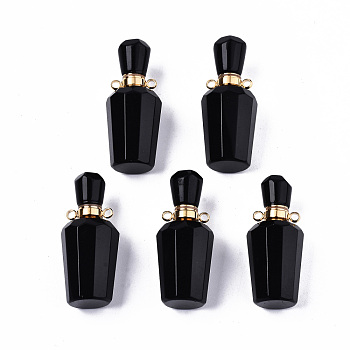 Faceted Natural Obsidian Pendants, Openable Perfume Bottle, with Golden Tone Brass Findings, Bottle, 36x15.5x15mm, Hole: 1.8mm, Bottle Capacity: 1ml(0.034 fl. oz)