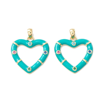 Rack Plating Brass Micro Pave Colorful Cubic Zirconia Pendants, with Enamel, Cadmium Free & Nickel Free & Lead Free, Real 18K Gold Plated, Heart, Dark Turquoise, 21x20.5x2.5mm, Hole: 4.5x2mm