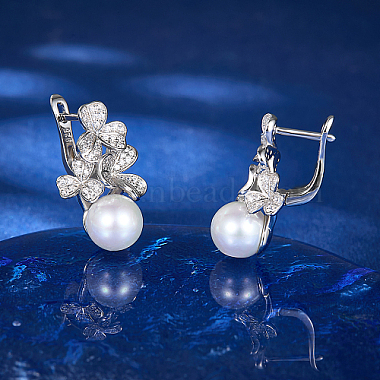 boucles d'oreilles créoles en argent sterling plaqué rhodium anti-ternissement en forme de trèfle 925 avec zircone cubique(YL5089)-3