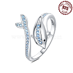 925 Sterling Silver Adjustable Open Cuff Rings, with Cubic Zirconia, Dolphin, Inner Diameter: 18mm(FS-WGD27BF-07)
